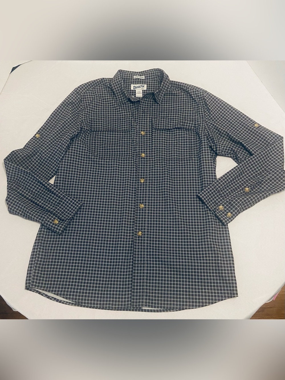 Duluth Trading Co- Black Grid Button-Down Shirt. Size L